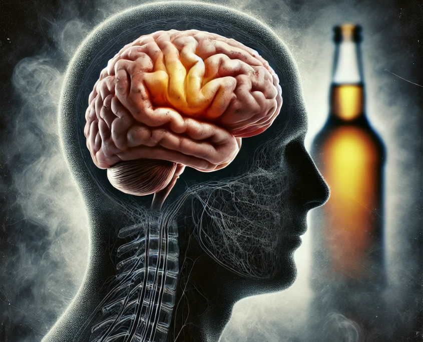 A picture of a human head with a detailed view of the brain, and a blurred bottle of alcohol in the background.