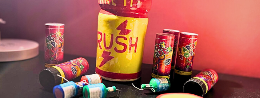 Rush poppers bottle - commonly used inhalant discussed in the context of LGBTQ+ sexual health and harm reduction