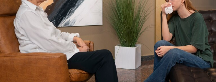 A young trangender woman in an emotional therapy session with a counselor, representing the supportive environment of an intensive outpatient treatment program.