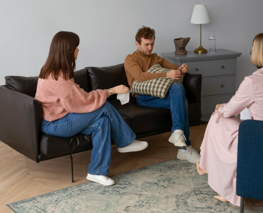 A gay person and two therapists in a trauma therapy session.