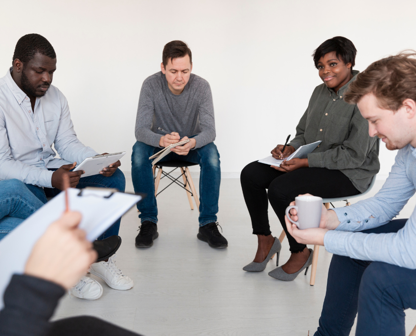 LGBTQ individuals in a support group circle during addiction treatment and recovery session.