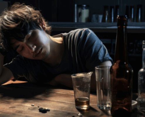 An asian looking young gay man, seemingly drunk in a table with glasses and bottles of alcohol.