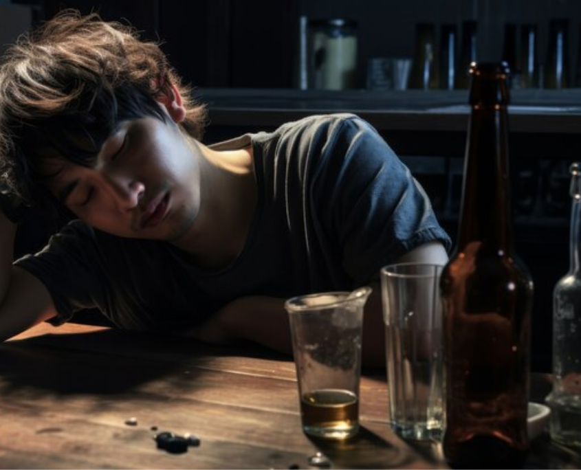 An asian looking young gay man, seemingly drunk in a table with glasses and bottles of alcohol.