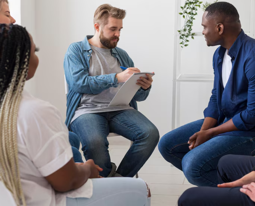 A group therapy among LGBTQ persons and a male therapist.