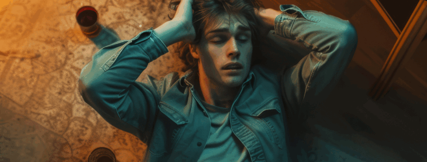 A gay alcoholic person looking drunk while lying on the floor.