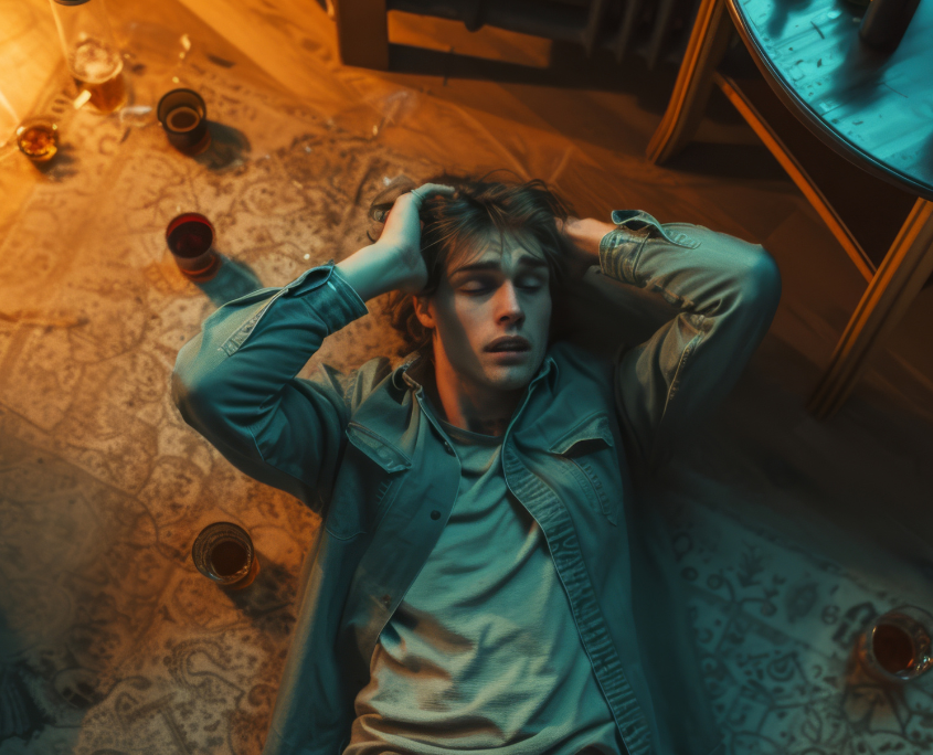 A gay alcoholic person looking drunk while lying on the floor.