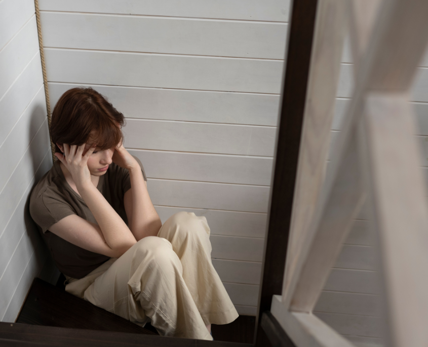 A young lesbian having a panic attacks while on the floor.