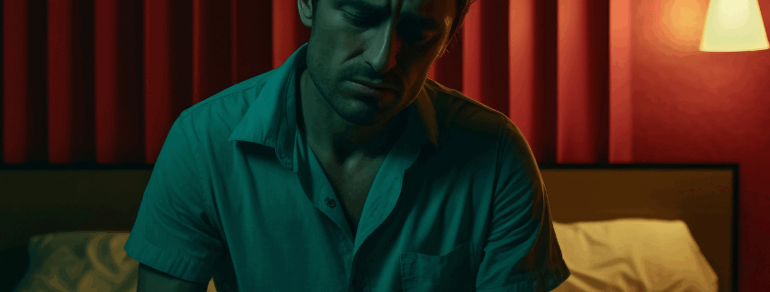 A gay man sitting on the edge of a bed in room admitting he has an addiction problem.