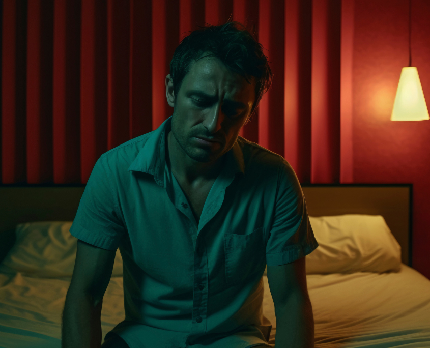 A gay man sitting on the edge of a bed in room admitting he has an addiction problem.